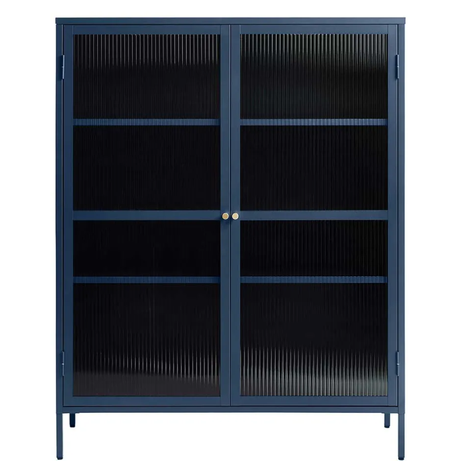 Wohnen 110x140x40 Blaues Stahl Highboard mit Glastüren - Atos