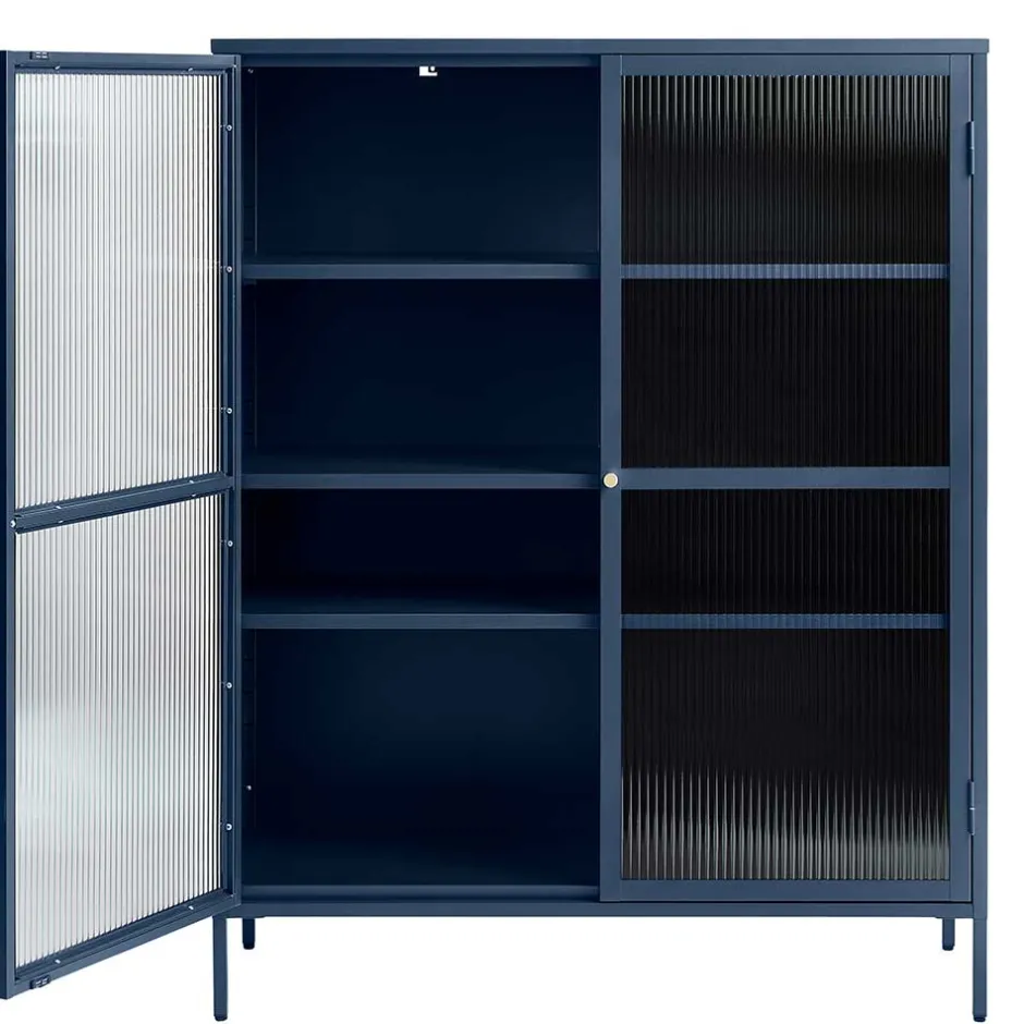 Wohnen 110x140x40 Blaues Stahl Highboard mit Glastüren - Atos