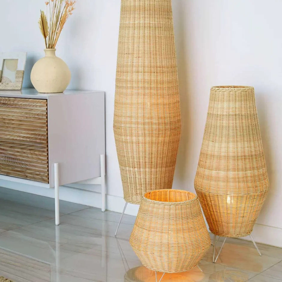 30x70x30 Bodenleuchte aus Rattan Geflecht in Beige - Jannios^Wohnen Discount