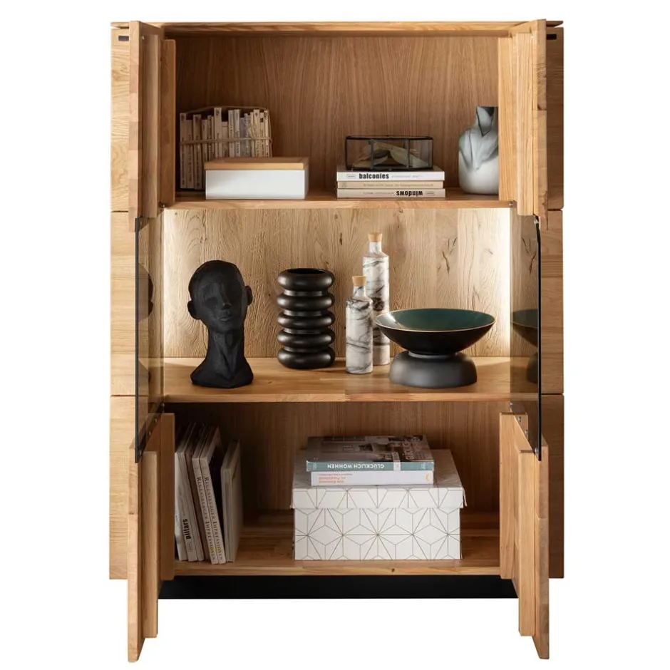 Wohnen 99x127x42 cm Wildeiche Highboard mit Rauchglas Einsätzen - Cibao