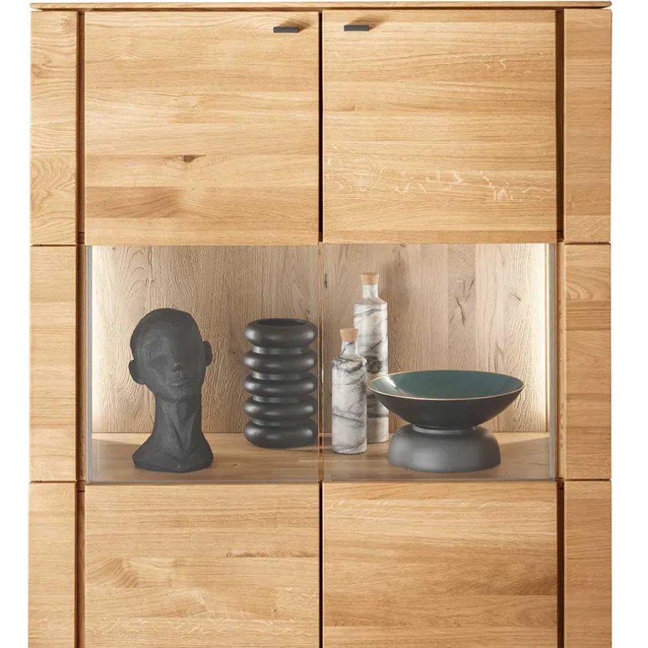 Wohnen 99x127x42 cm Wildeiche Highboard mit Rauchglas Einsätzen - Cibao