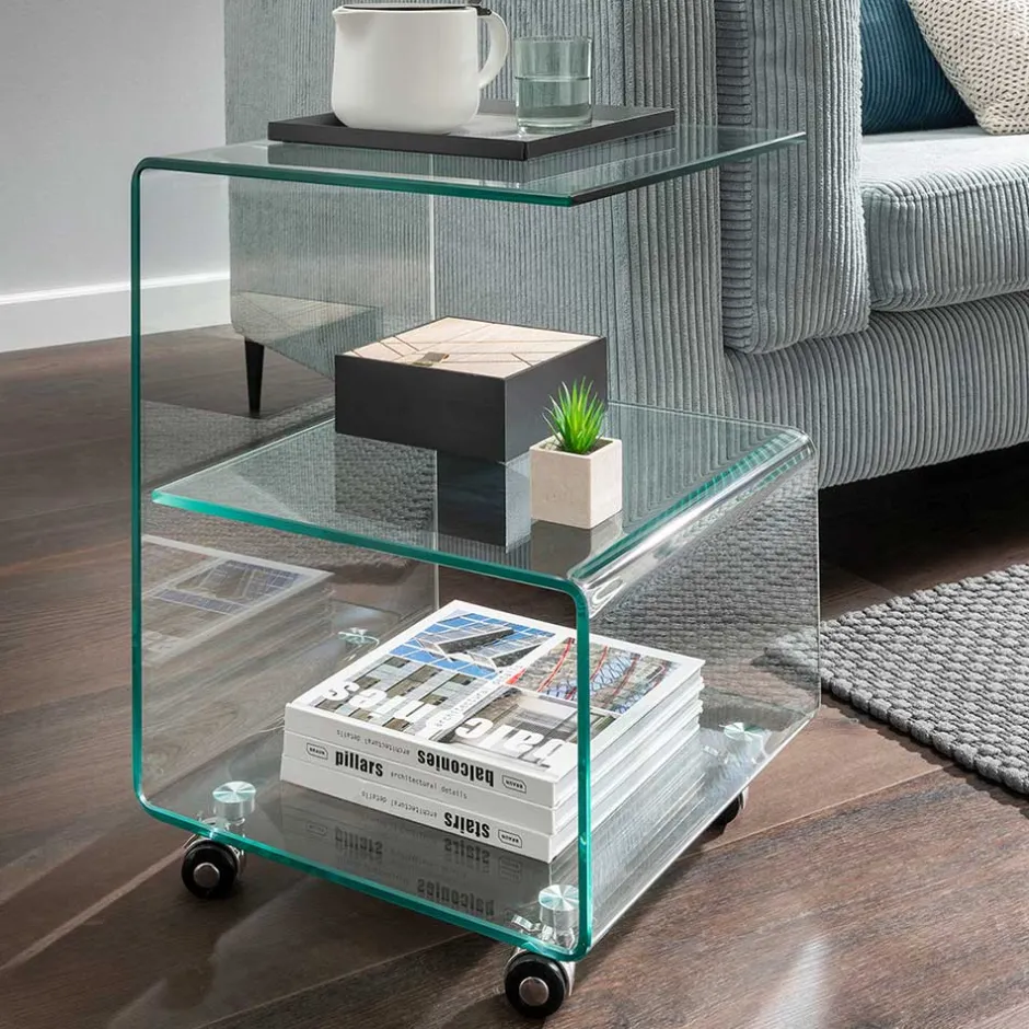 Wohnen 40x60x40 Glastisch auf Rollen modern - Heuser