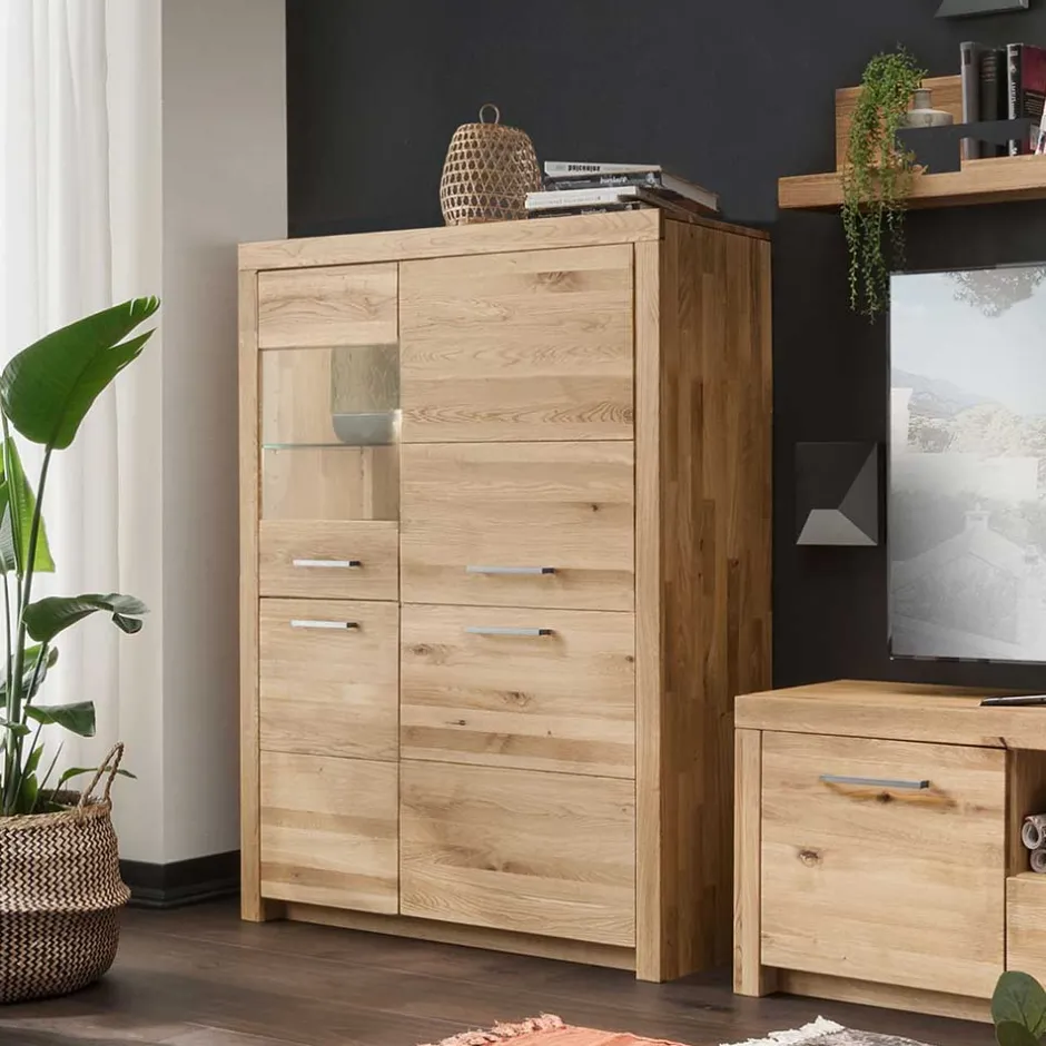 Wohnen 102x141x40 Highboard aus Wildeiche mit Glaseinsatz - Loitons