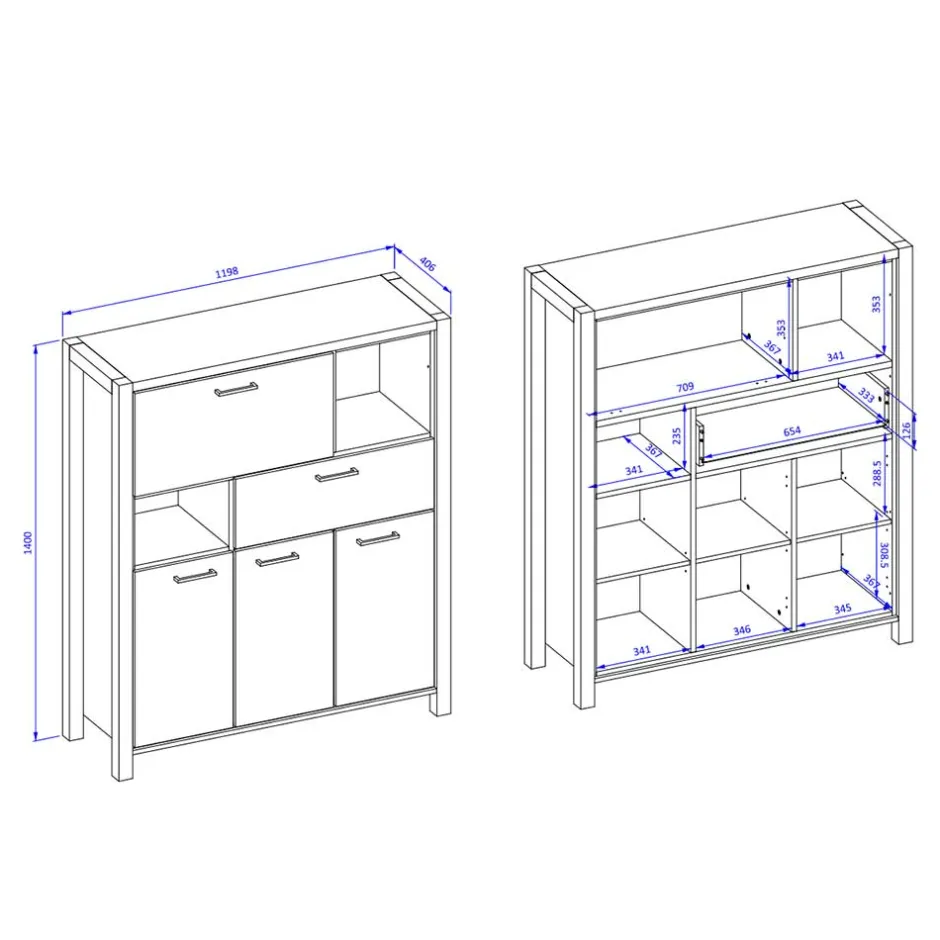 Wohnen 120x140x41 Highboard mit Klappe & 3 Türen - Zavorra