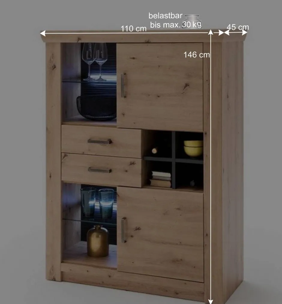 Wohnen 110x146x45 Highboard mit offenen Fächern - Wykina