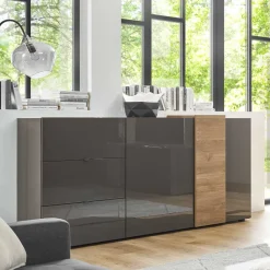 Wohnen 181x94x44 Hochglanz Kombi-Kommode in Grau - Eracosta