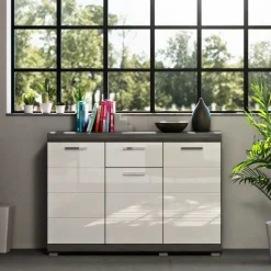 Wohnen 120x85x37 Hochglanz Kommode in Weiß & Grau - Nancys