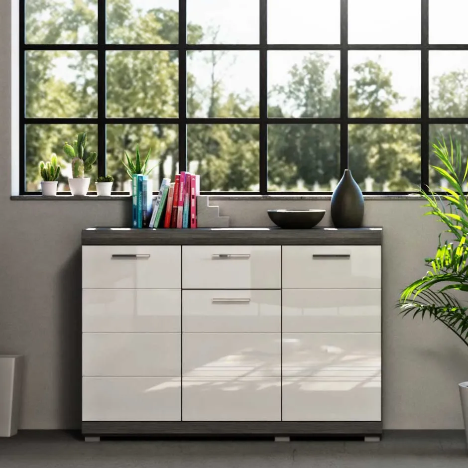 Wohnen 120x85x37 Hochglanz Kommode in Weiß & Grau - Nancys