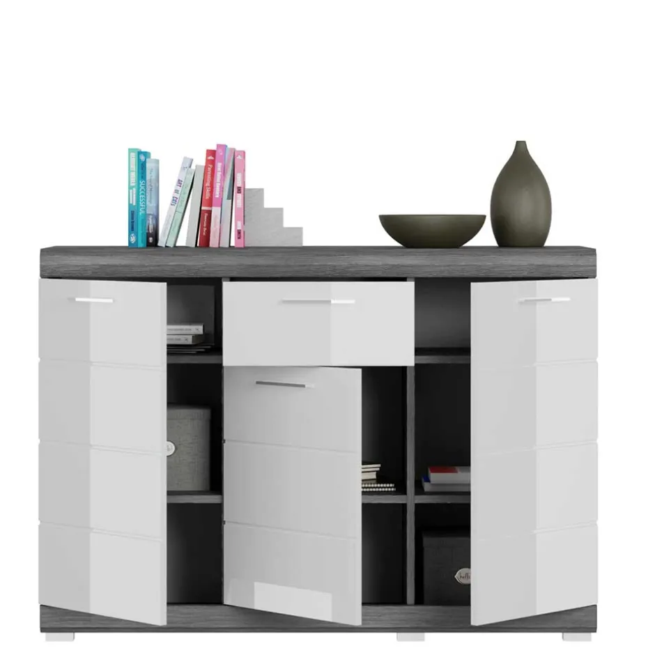 Wohnen 120x85x37 Hochglanz Kommode in Weiß & Grau - Nancys