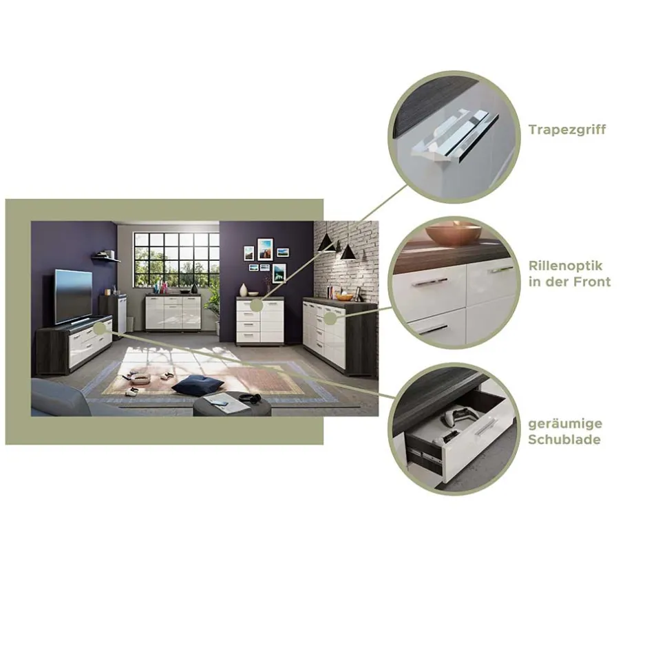 Wohnen 120x85x37 Hochglanz Kommode in Weiß & Grau - Nancys