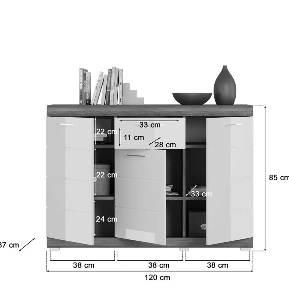 Wohnen 120x85x37 Hochglanz Kommode in Weiß & Grau - Nancys