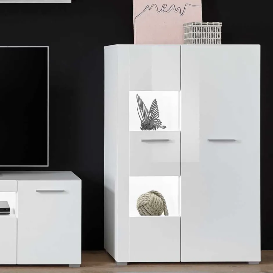 Wohnen 80x123x35 Hochglanz Vitrinenschrank in Weiß - Timmona
