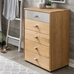 Wohnen 60x86x43 Hochkommode in Beige Glas & Eiche - Emdsiva