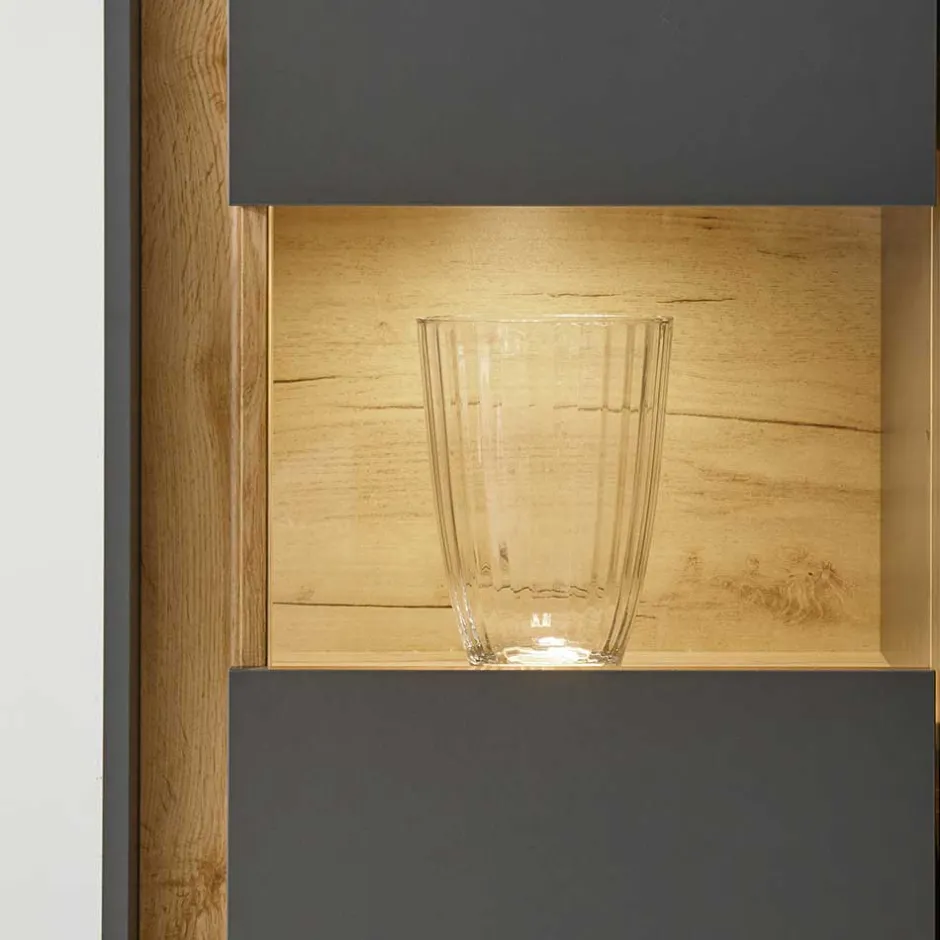 Wohnen 50x197x40 Hoher Wohnzimmerschrank mit Glaseinsatz - Ahilav