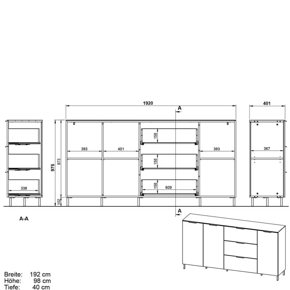 Wohnen 192x98x40 Hohes Sideboard in Dunkelgrau - Lurys