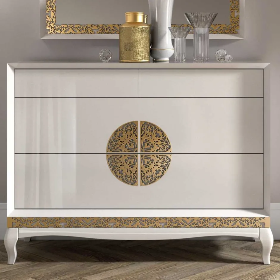 Wohnen 128x100x52 Italienische Kommode in Weiß & Gold - Valganios