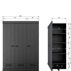 Wohnen 140x195x53 Kleiderschrank 3-türig & 3 Schubladen - Vindrus