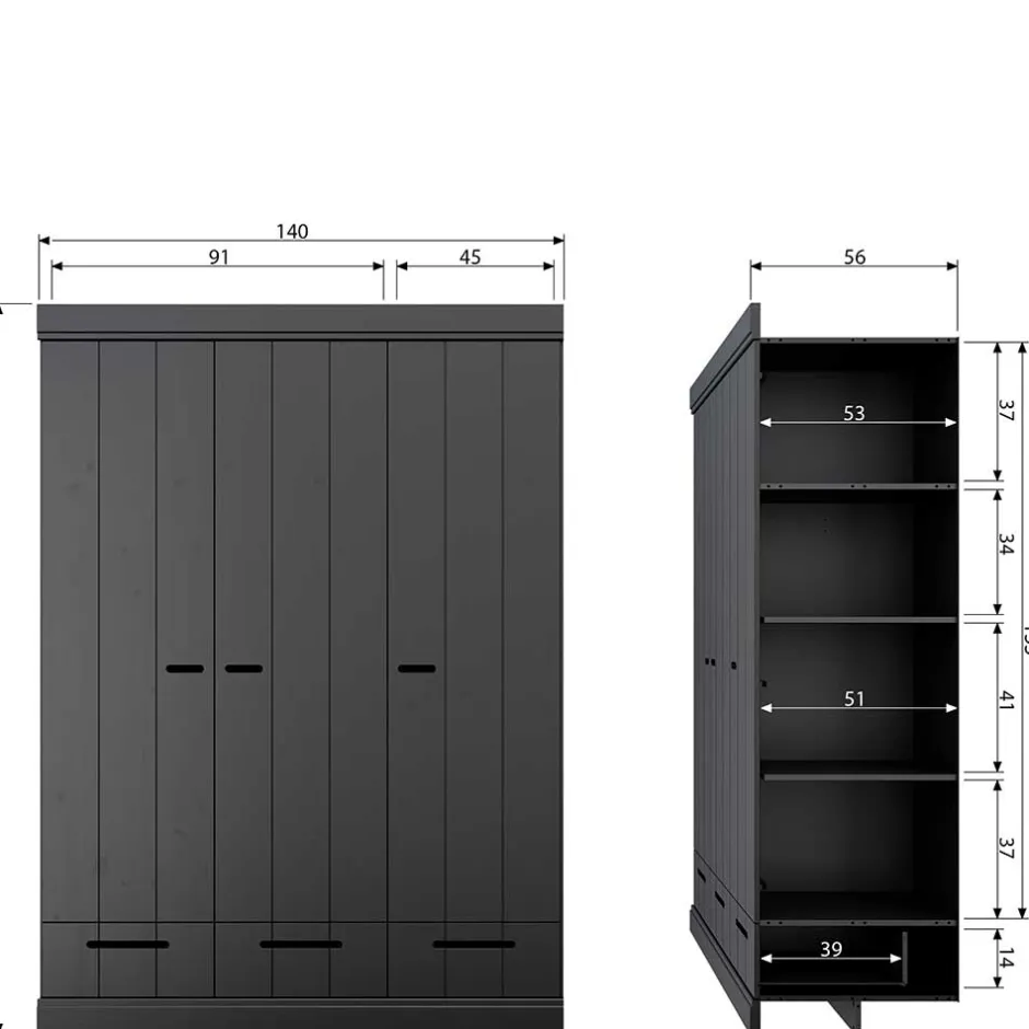 Wohnen 140x195x53 Kleiderschrank 3-türig & 3 Schubladen - Vindrus
