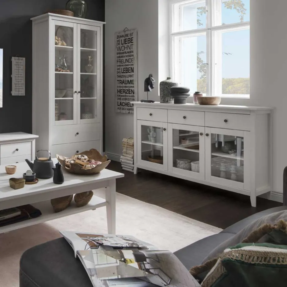 Wohnen 144x91x40 Landhaus Anrichte mit 3 Glastüren - Astinion