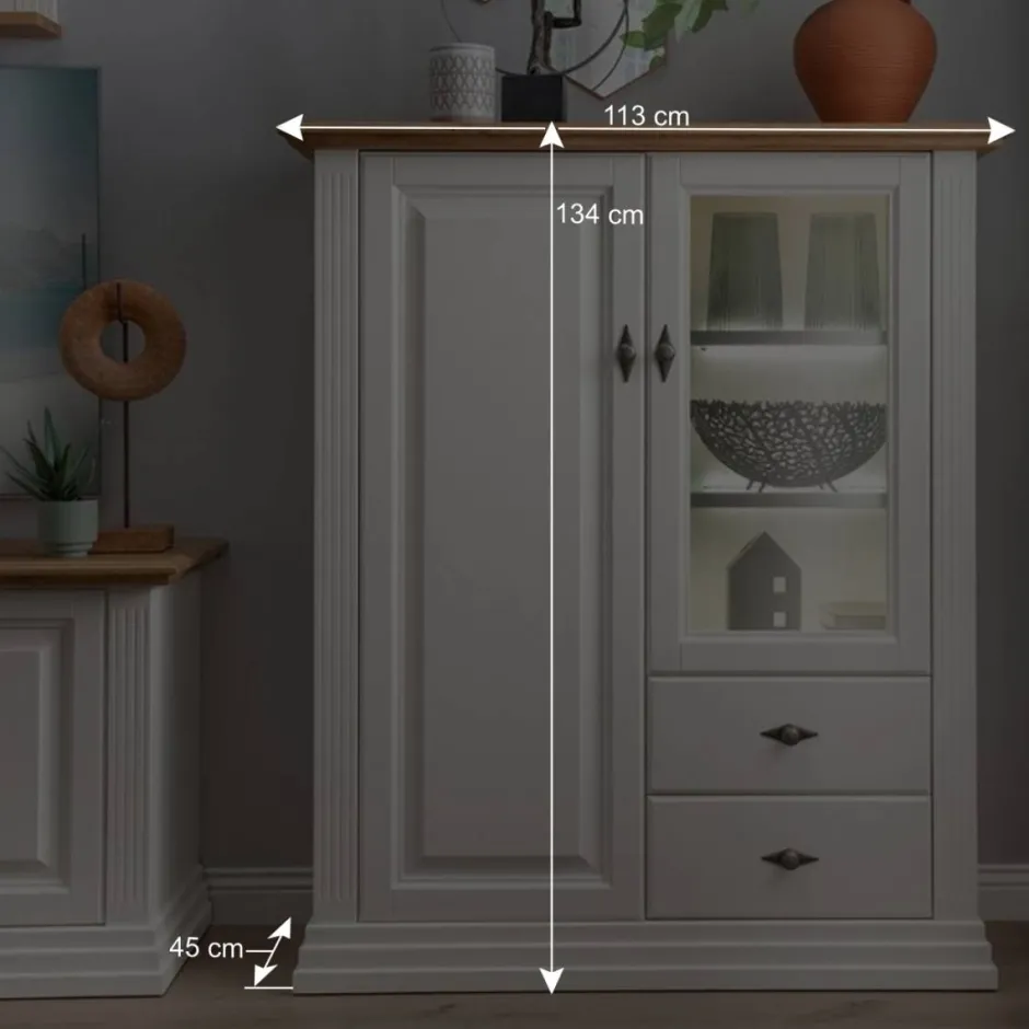 113x134x45 Landhaus Highboard mit Glas-Einsatz - Henry^Wohnen Outlet