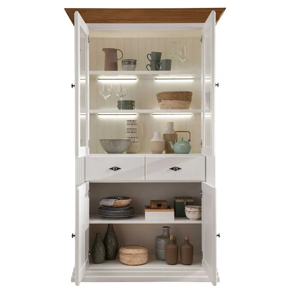 Wohnen 116x199x45 Landhaus Vitrinenschrank in Weiß - Henry