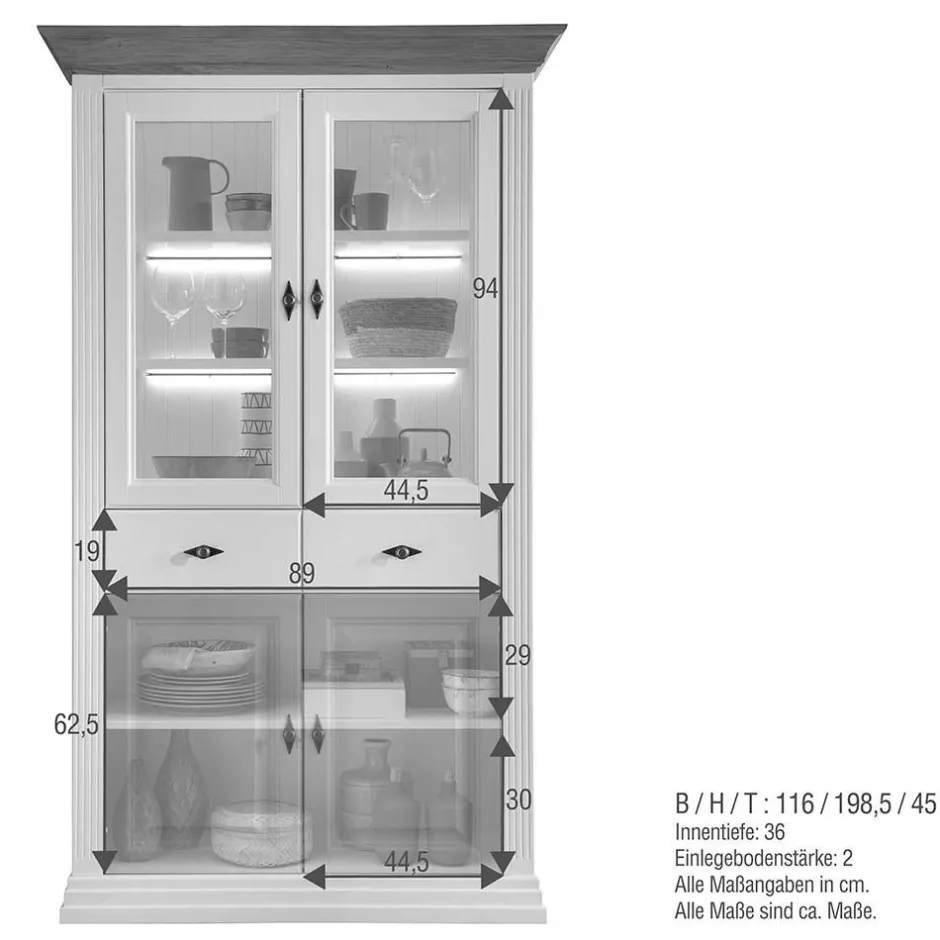 Wohnen 116x199x45 Landhaus Vitrinenschrank in Weiß - Henry