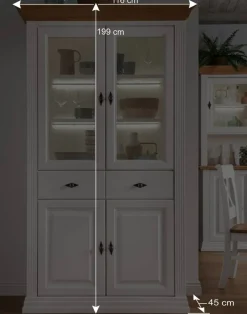 Wohnen 116x199x45 Landhaus Vitrinenschrank in Weiß - Henry