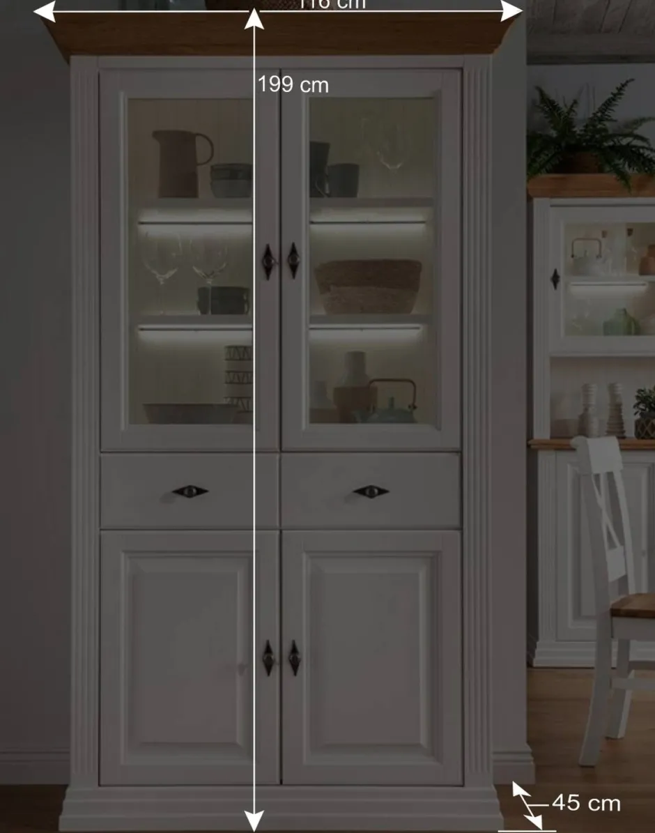 Wohnen 116x199x45 Landhaus Vitrinenschrank in Weiß - Henry