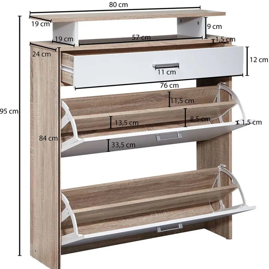 Wohnen 80x95x24 Schuhkommode mit zwei Klappen & Schublade - Crimera