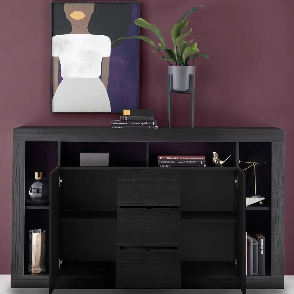 Wohnen 172x102x42 Schwarzes Sideboard in Holzoptik - Bihar