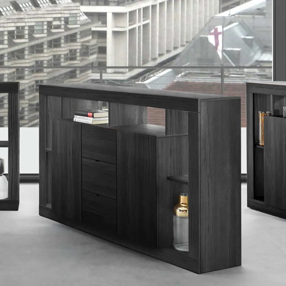 Wohnen 172x102x42 Schwarzes Sideboard in Holzoptik - Bihar