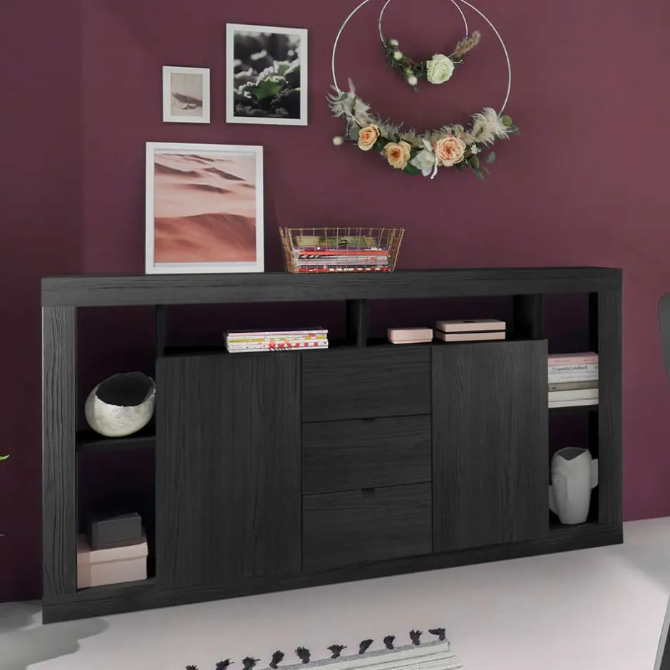 Wohnen 172x102x42 Schwarzes Sideboard in Holzoptik - Bihar