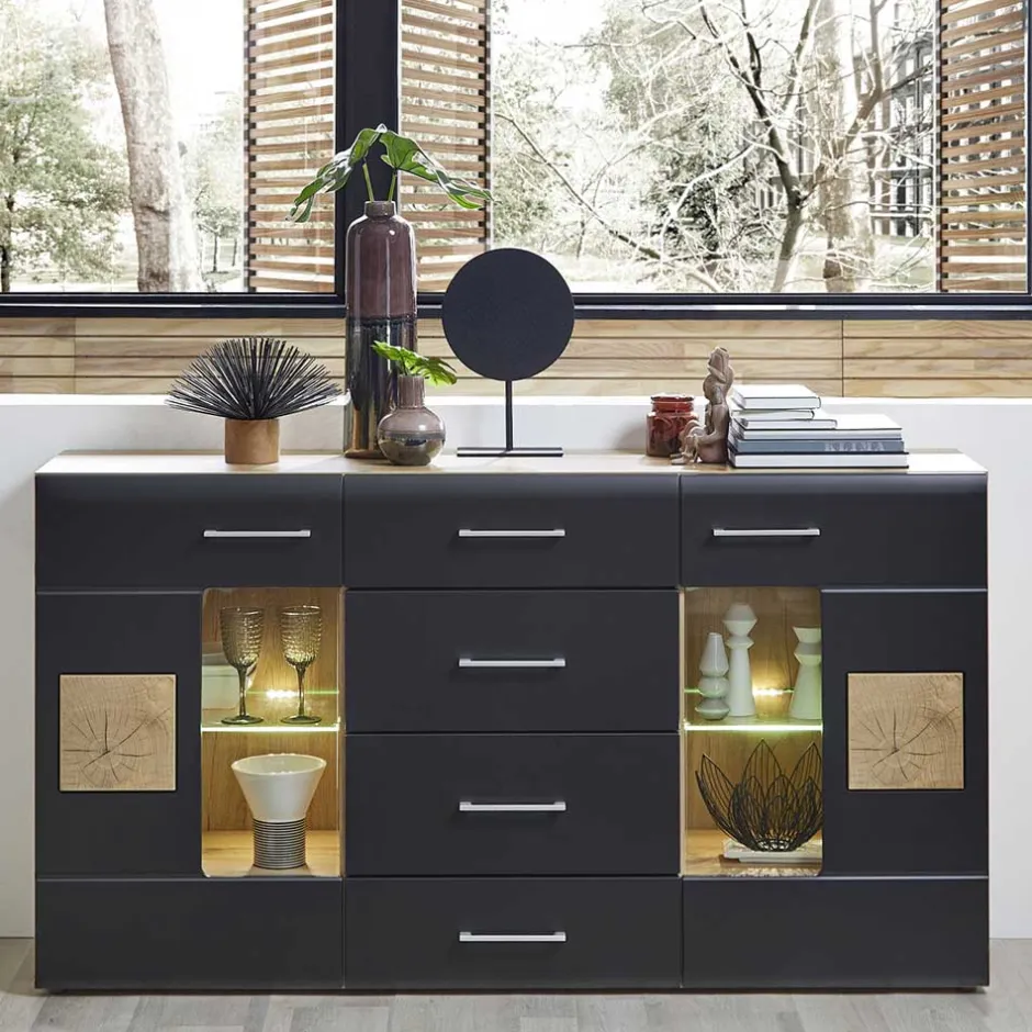 170x93x40 Sideboard mit Glas in Schwarz & Wildeiche - Kandu^Wohnen Hot