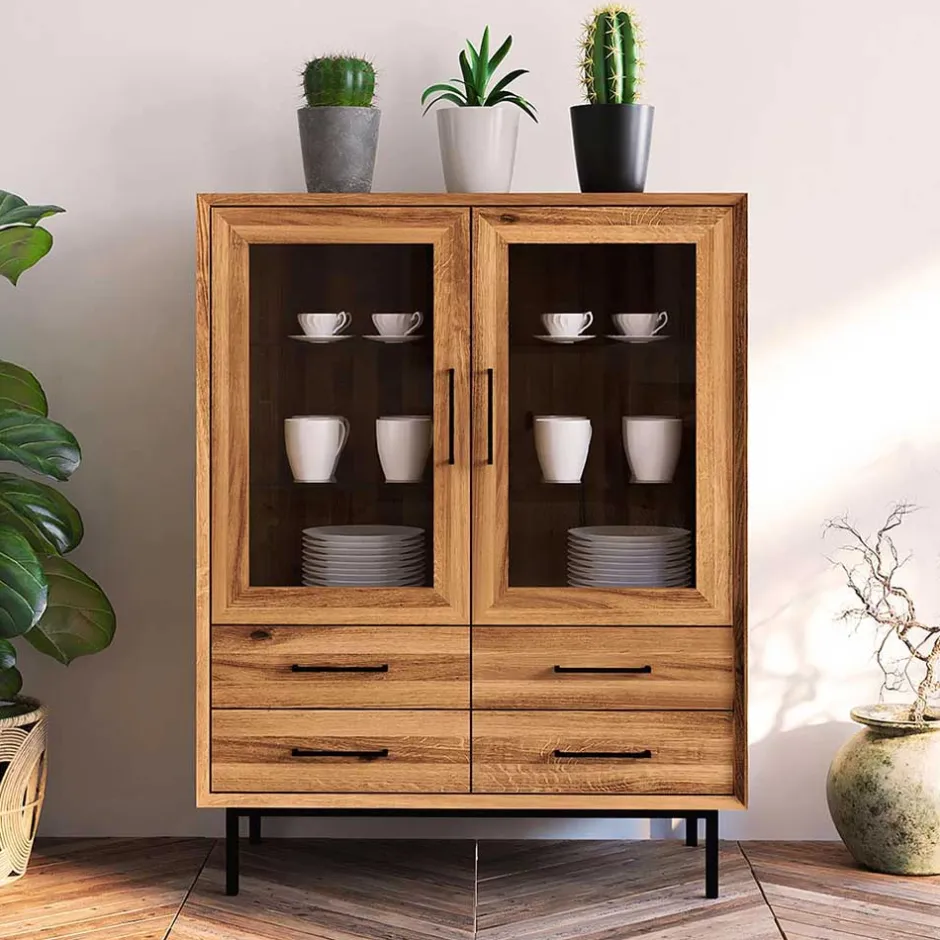 Wohnen 97x125x45 Skandi Vitrine mit vier Schubladen - Kerfa