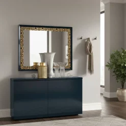 Wohnen 100x95x5 Spiegel im Matt Blau & Gold - Quado