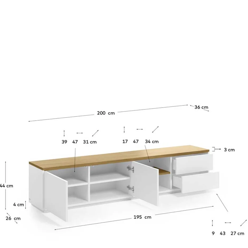 200x44x36 TV Lowboard in Weiß & Eiche - Vintilias^Wohnen New