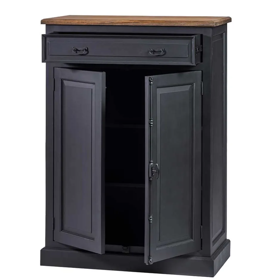 100x141x51 Vintage Vertiko in Schwarz & Teakfarben - Niovan^Wohnen