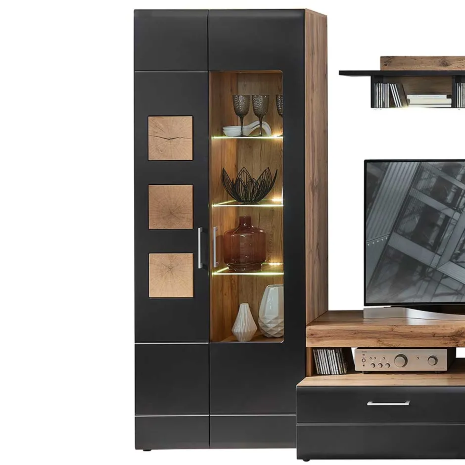Wohnen 80x208x37 Vitrine in Schwarz & Wildeiche - Kandu