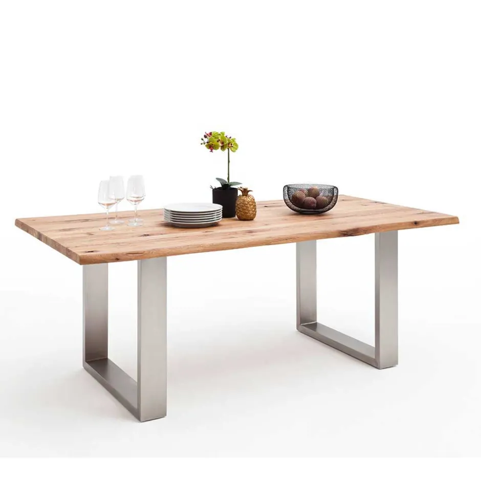Wohnen Zerreiche Esstisch mit Baumkante Jelsica & Edelstahl Bügelgestell