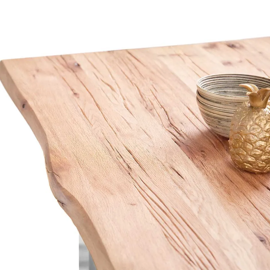 Wohnen Zerreiche Esstisch mit Baumkante Jelsica & Edelstahl Bügelgestell