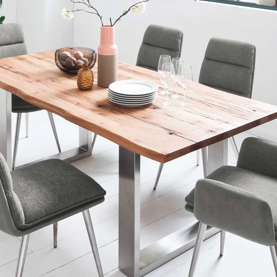 Wohnen Zerreiche Esstisch mit Baumkante Jelsica & Edelstahl Bügelgestell