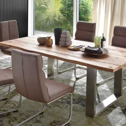 Wohnen Zerreiche Esstisch mit Baumkante Jelsica & Edelstahl Bügelgestell