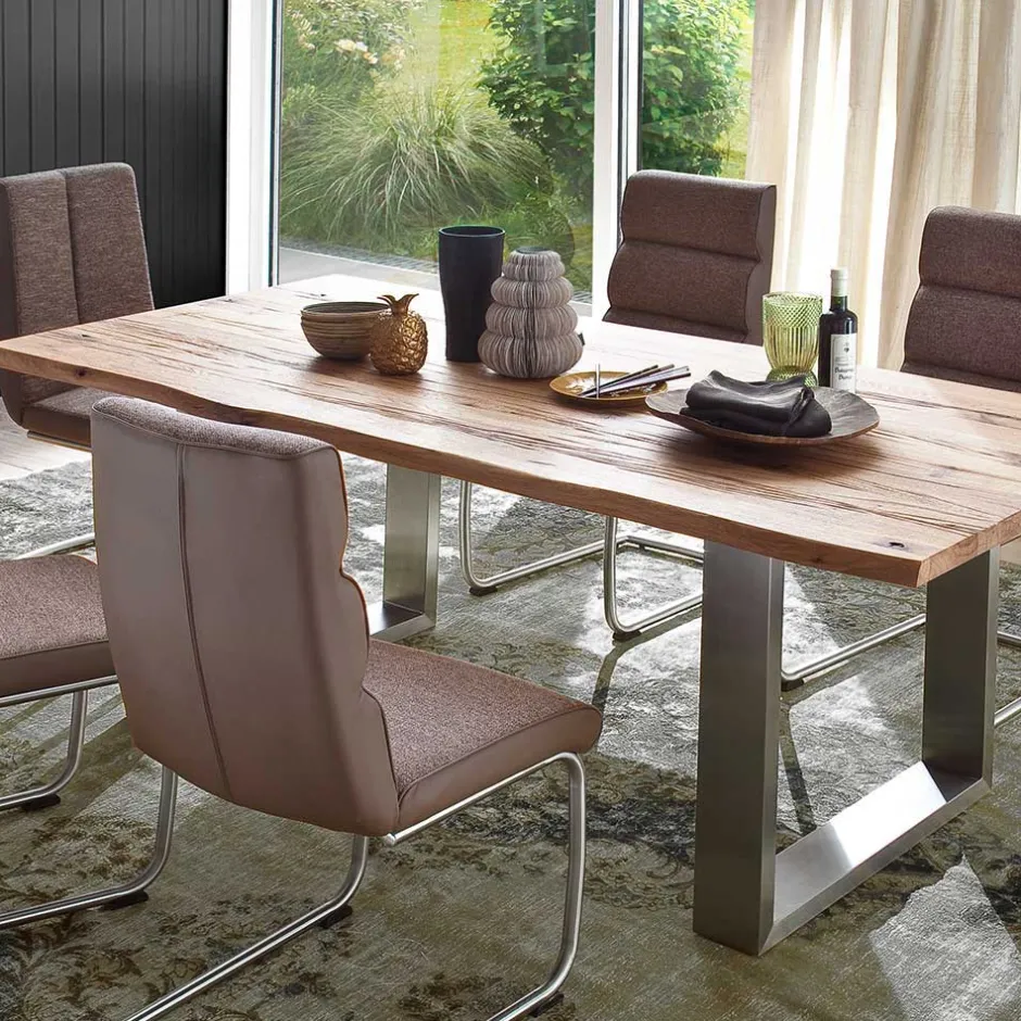 Wohnen Zerreiche Esstisch mit Baumkante Jelsica & Edelstahl Bügelgestell